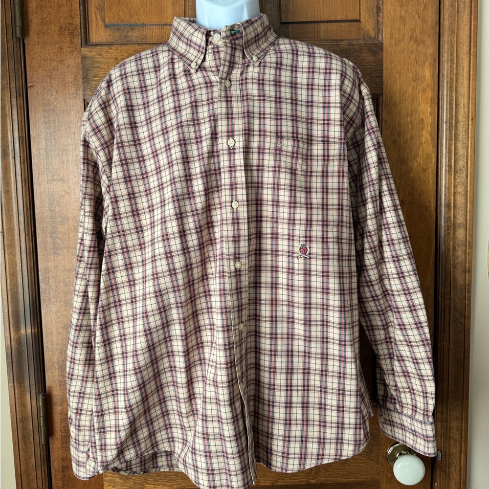 Tommy Hilfiger Tan/Black/Red/Maroon Plaid Button Down Shirt X-Large